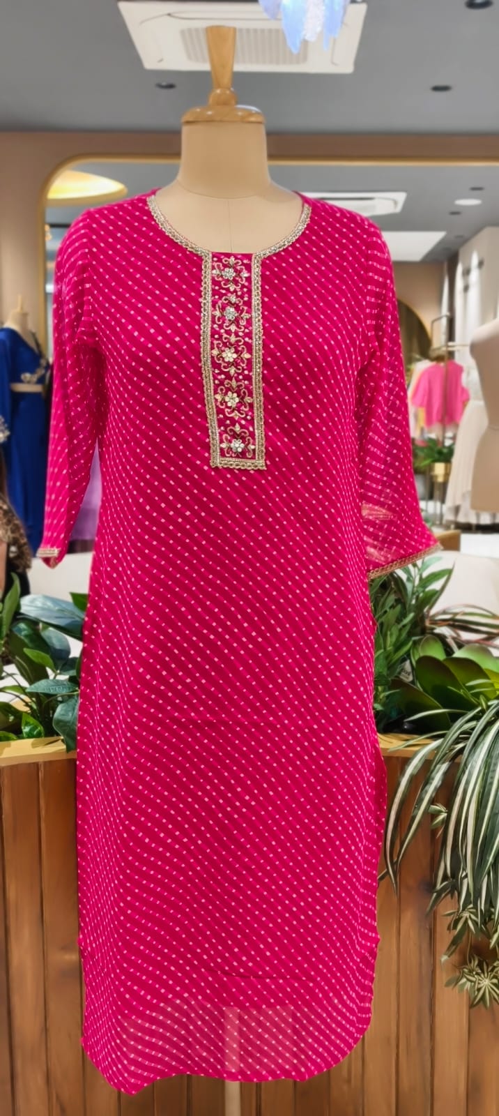 Women's Georgette Leheriya Print Kurti with Machine Embroidered Neck-15477
