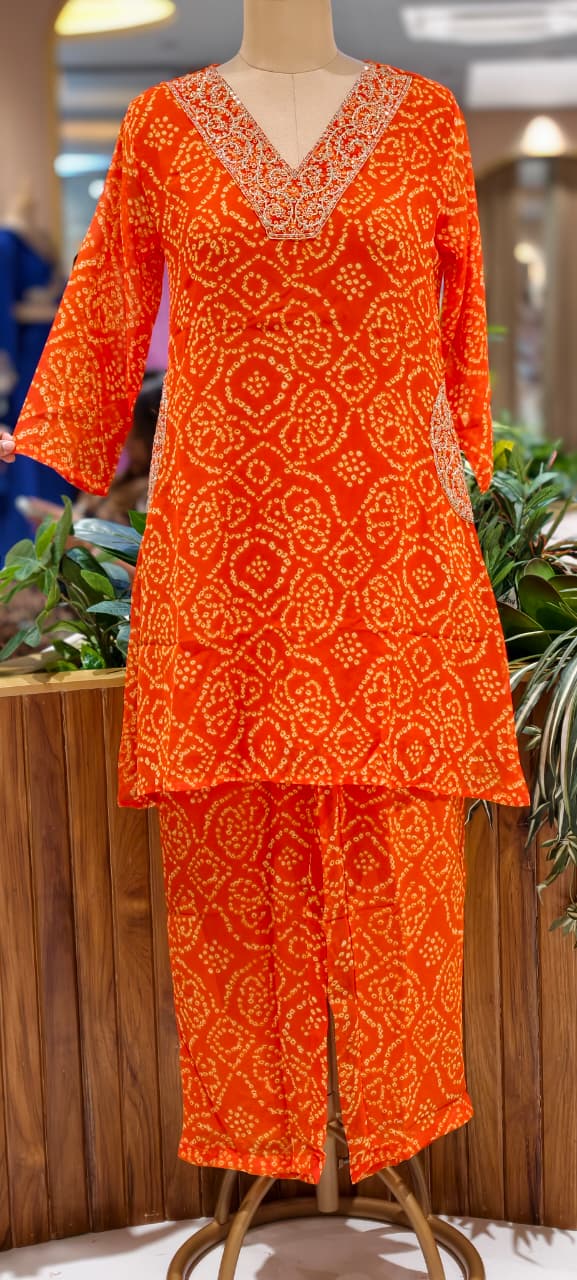 Machine Work Embroidered V-Neck Premium Bandhani Print Georgette Kurta Pant Set with Pockets-15481