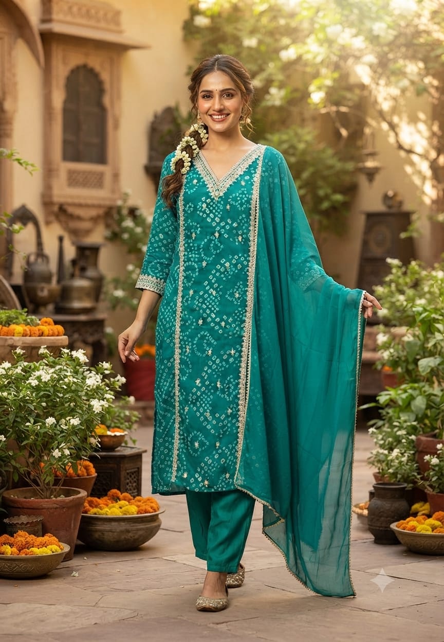 Gotta Patti Linear Zardosi Work Bandhani Print Georgette Full Suit Set With Dupatta- 15485