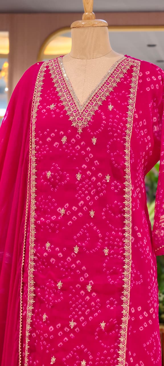 Gotta Patti Linear Zardosi Work Bandhani Print Georgette Full Suit Set With Dupatta- 15485