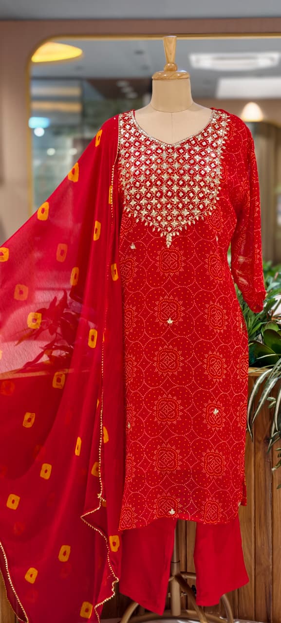 Gotta Shimmer Elegance Yoke Bandhej Print Vibrant Georgette Full Suit Set With Dupatta- 15476