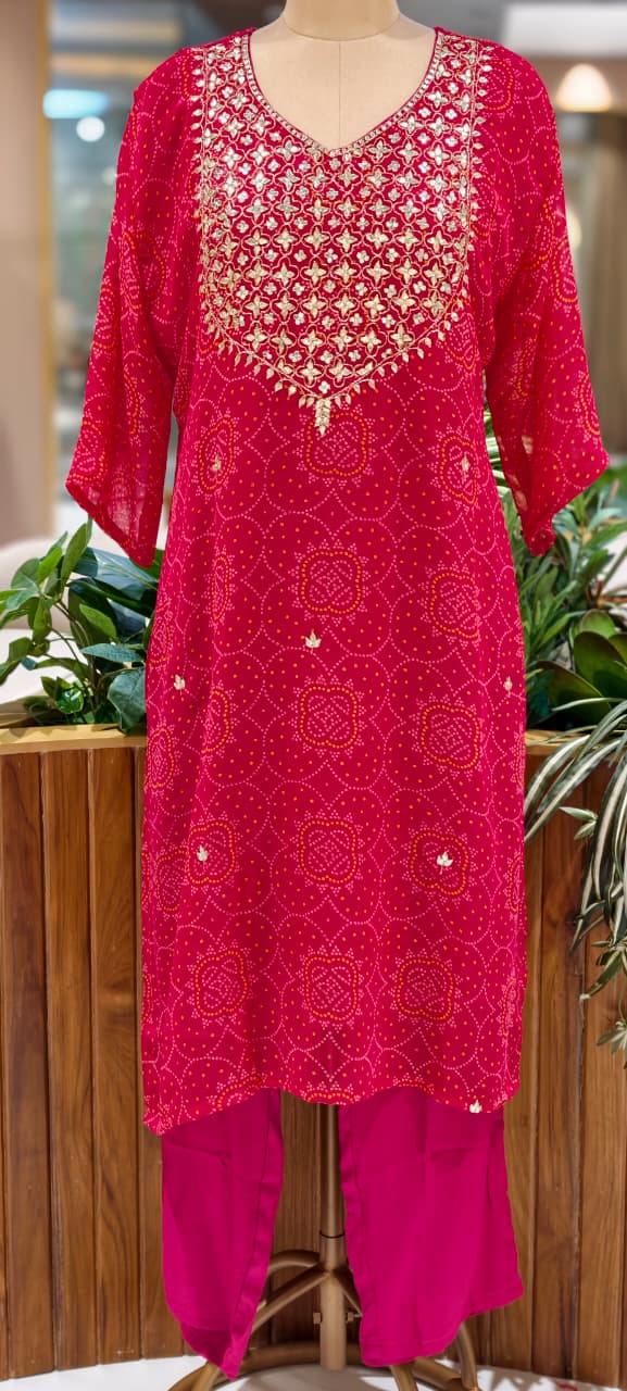Gotta Shimmer Elegance Yoke Bandhej Print Vibrant Georgette Full Suit Set With Dupatta- 15476