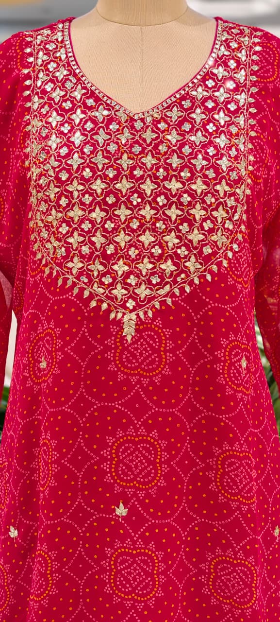 Gotta Shimmer Elegance Yoke Bandhej Print Vibrant Georgette Full Suit Set With Dupatta- 15476