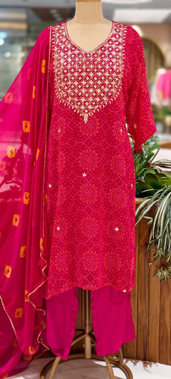 Gotta Shimmer Elegance Yoke Bandhej Print Vibrant Georgette Full Suit Set With Dupatta- 15476