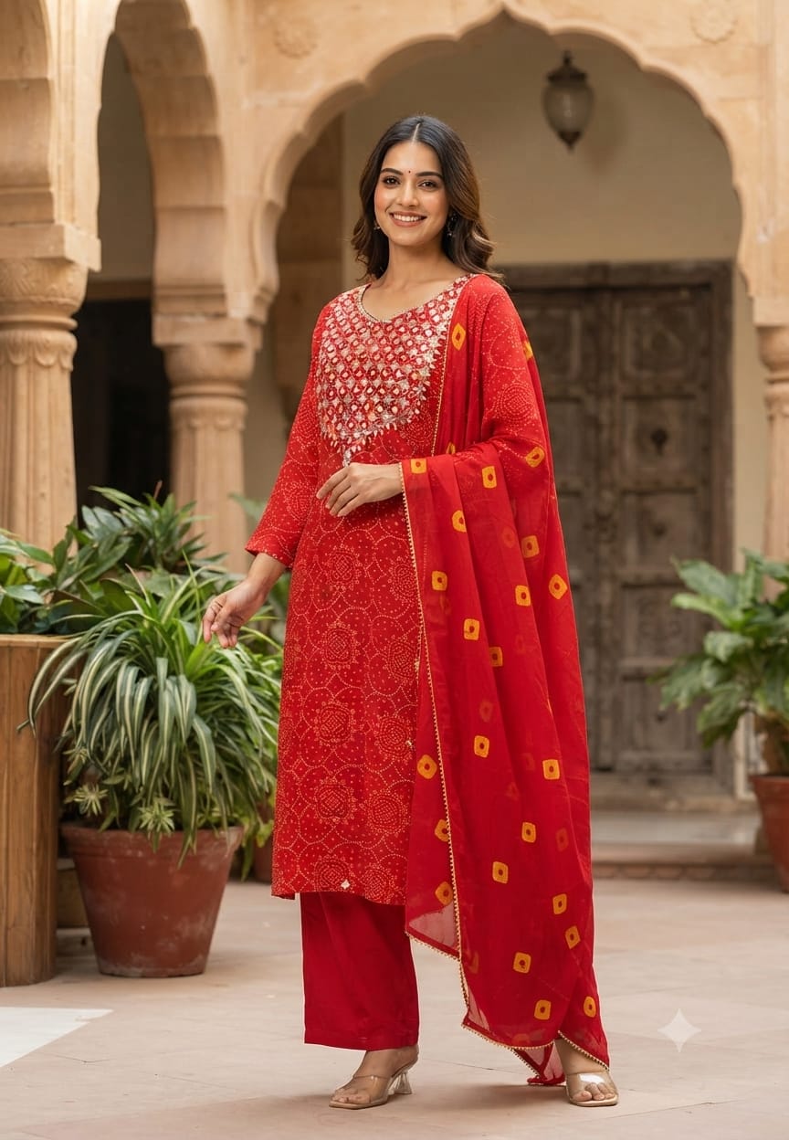 Gotta Shimmer Elegance Yoke Bandhej Print Vibrant Georgette Full Suit Set With Dupatta- 15476