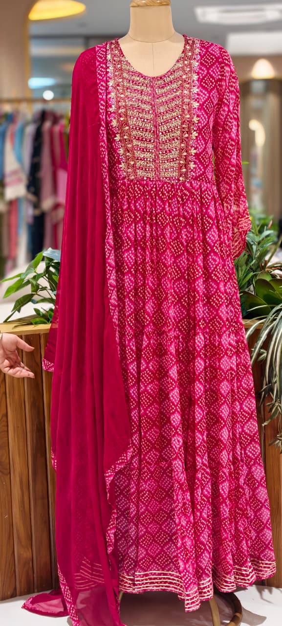 Georgette Bandhani Diamond Print Anarkali Set with Heavy Embroidered Yoke & Matching Dupatta(No Bottom)-15489