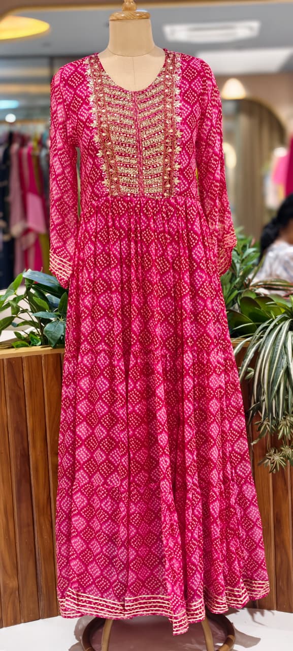 Georgette Bandhani Diamond Print Anarkali Set with Heavy Embroidered Yoke & Matching Dupatta(No Bottom)-15489