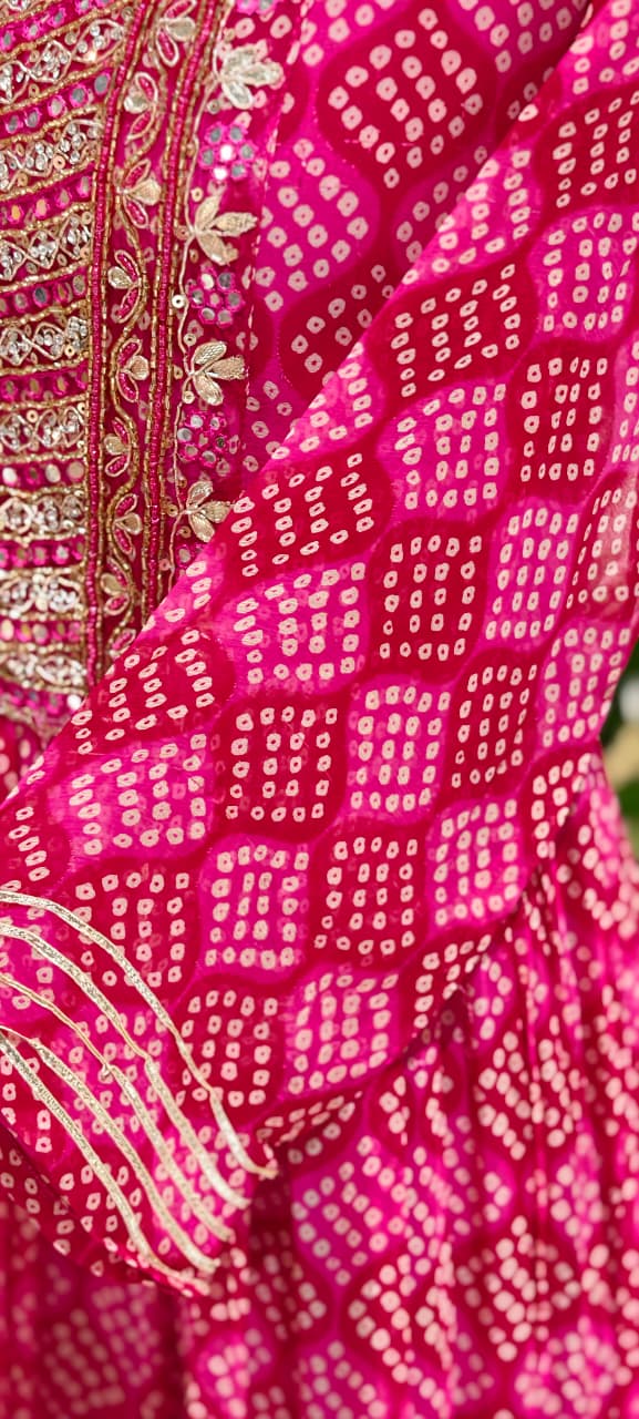 Georgette Bandhani Diamond Print Anarkali Set with Heavy Embroidered Yoke & Matching Dupatta(No Bottom)-15489