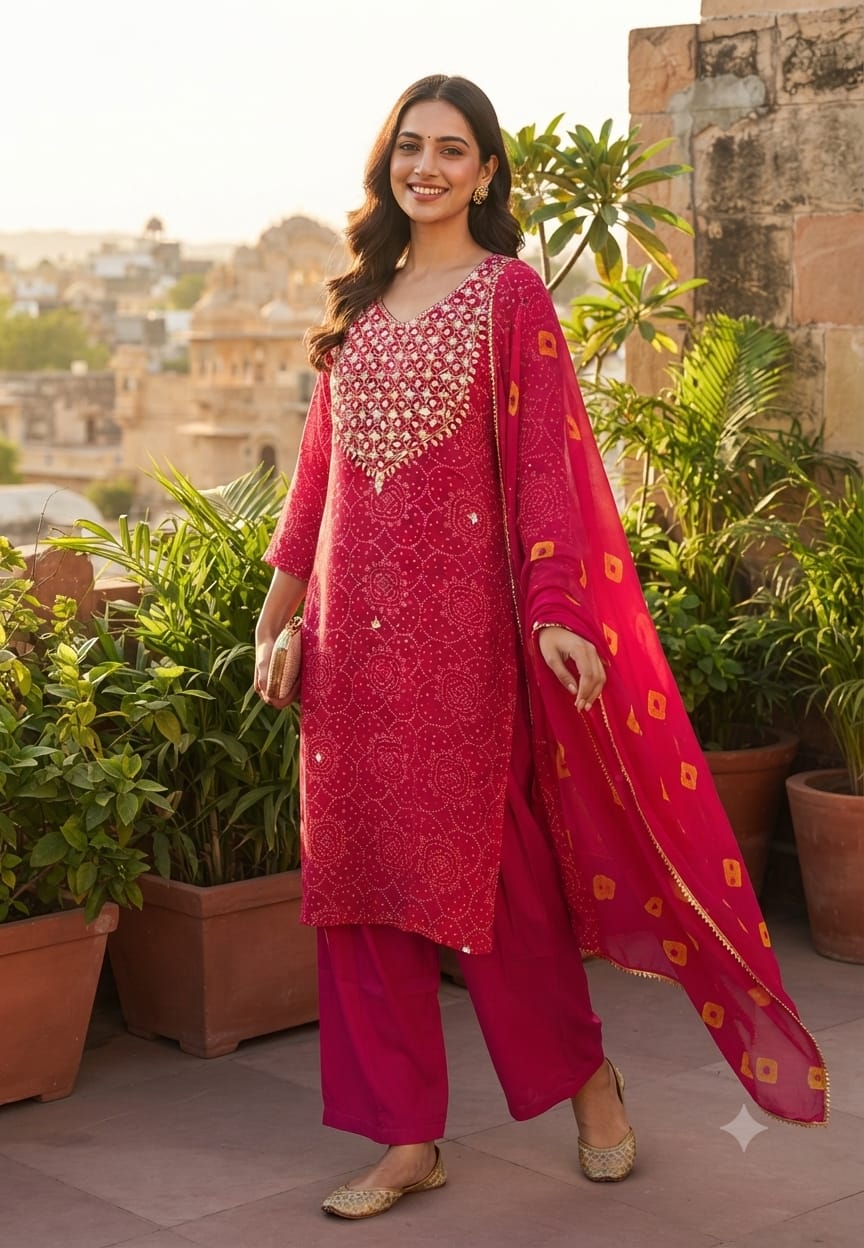 Gotta Shimmer Elegance Yoke Bandhej Print Vibrant Georgette Full Suit Set With Dupatta- 15476