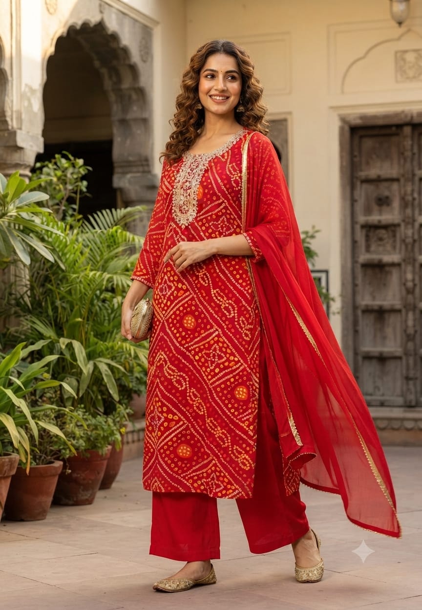 Georgette Bandhani Print Embroidered Full Suit Set with Dupatta And Bottom-15482