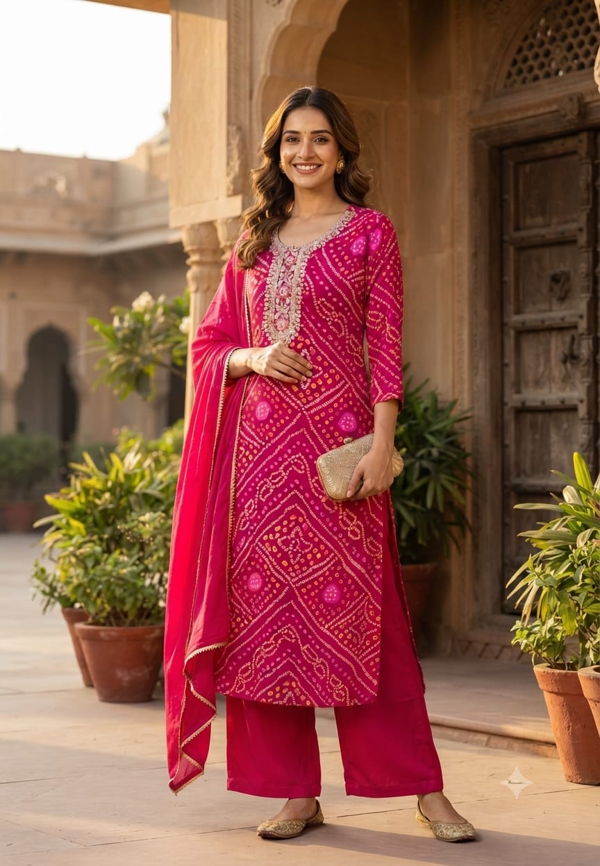 Georgette Bandhani Print Embroidered Full Suit Set with Dupatta And Bottom-15482