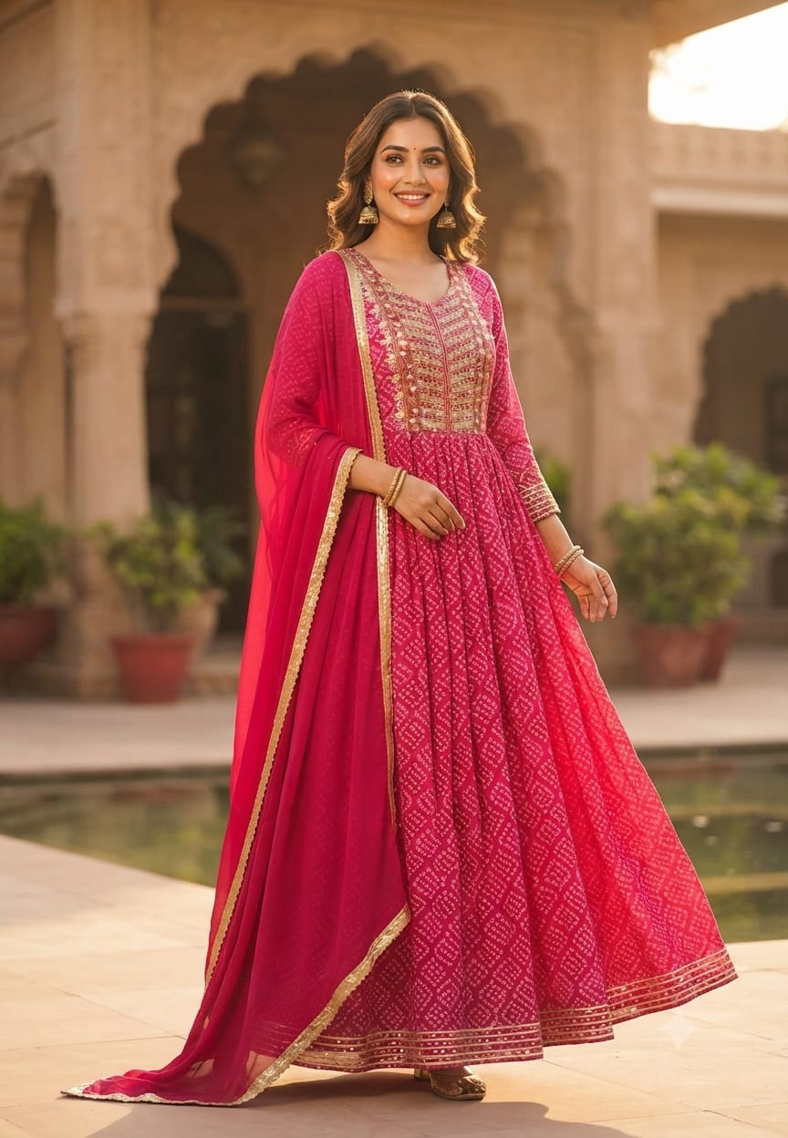 Georgette Bandhani Diamond Print Anarkali Set with Heavy Embroidered Yoke & Matching Dupatta(No Bottom)-15489