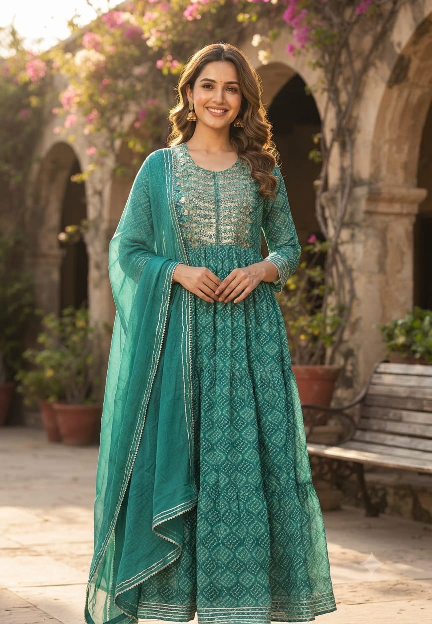 Georgette Bandhani Diamond Print Anarkali Set with Heavy Embroidered Yoke & Matching Dupatta(No Bottom)-15489
