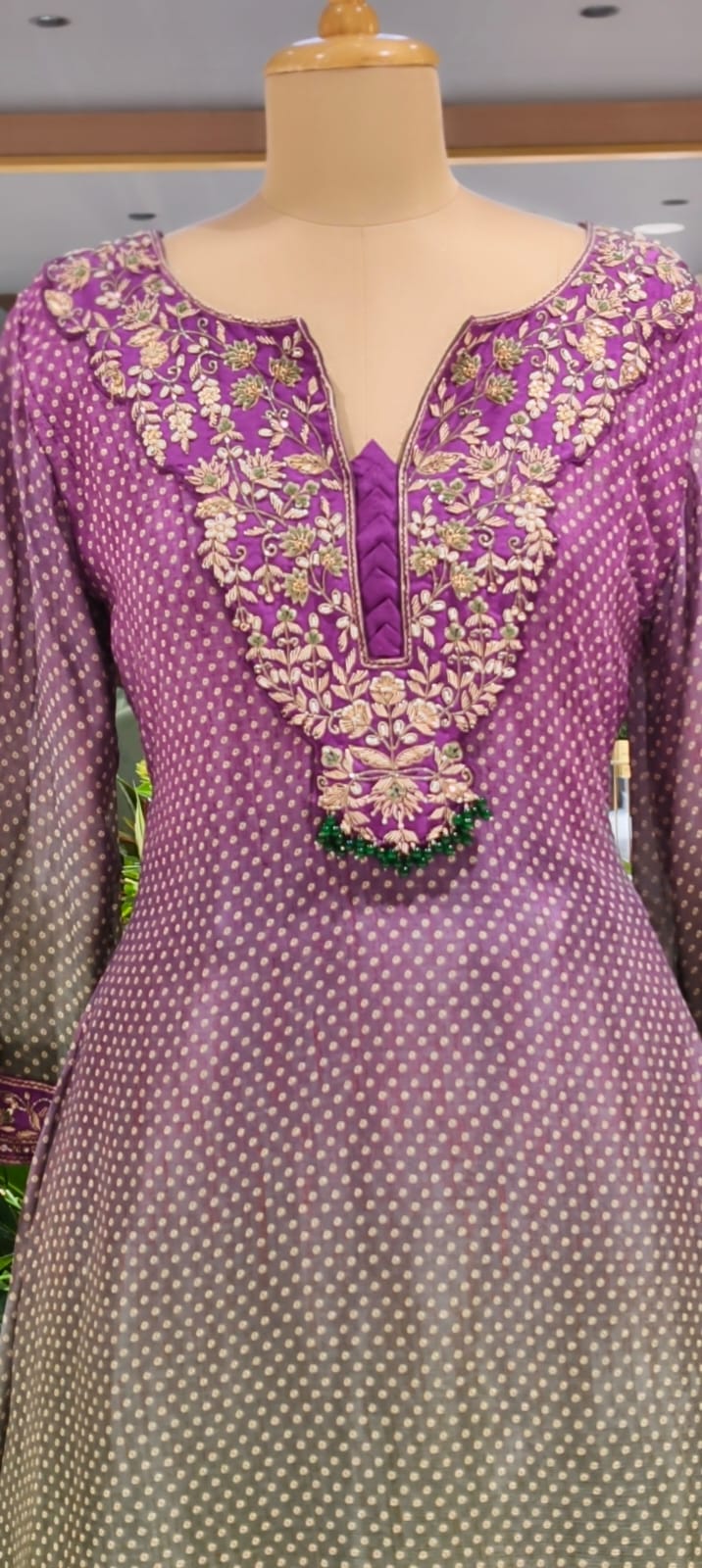 Dual Tone Ombre Shade Rich Hand Embroidered Yoke With Beads Accent Kurta With Cane-Cane Skirt Bottom & Dupatta- 15333