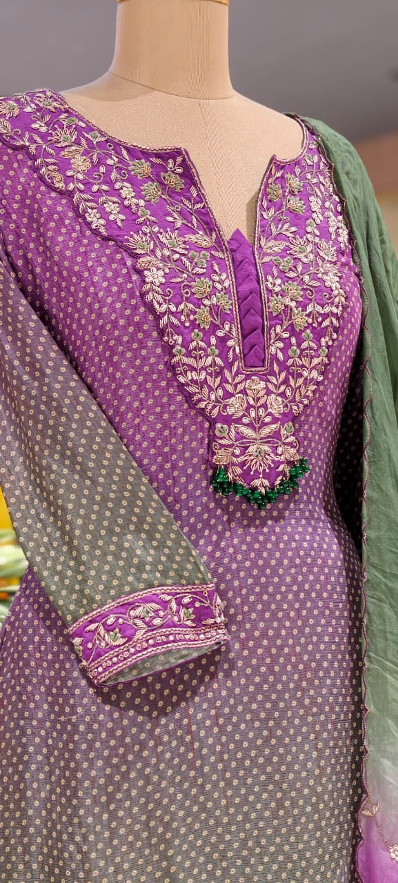 Dual Tone Ombre Shade Rich Hand Embroidered Yoke With Beads Accent Kurta With Cane-Cane Skirt Bottom & Dupatta- 15333