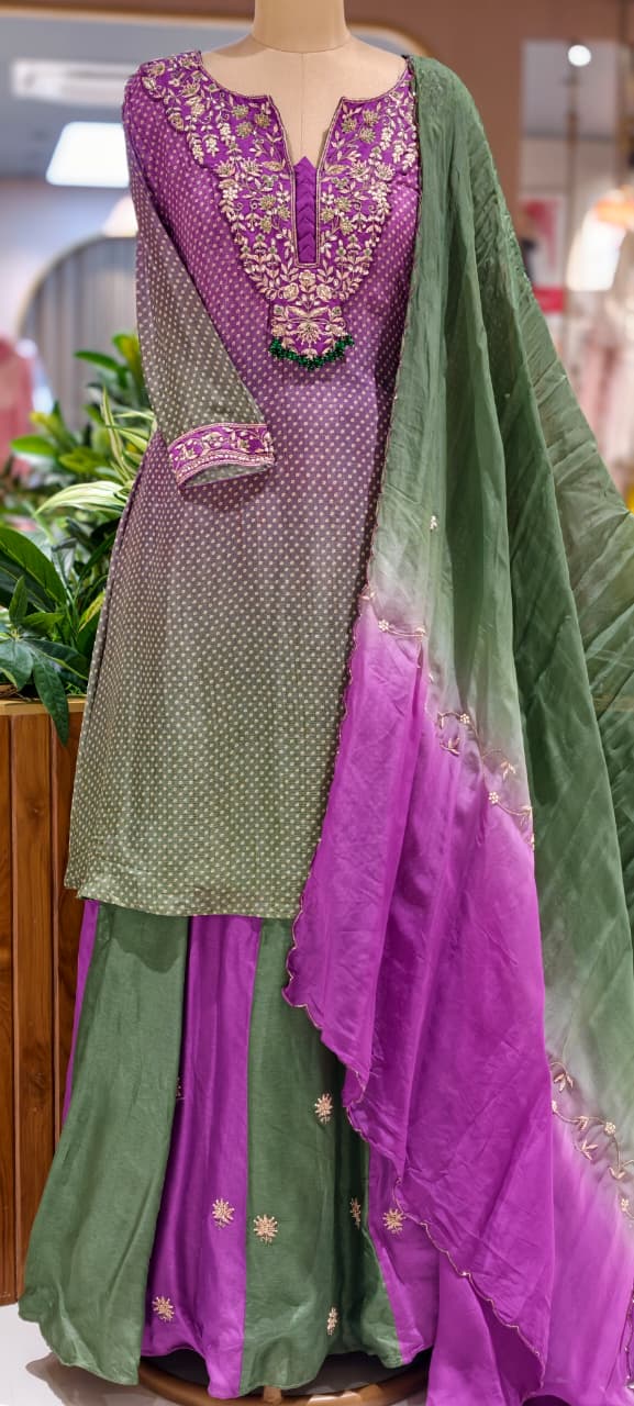 Dual Tone Ombre Shade Rich Hand Embroidered Yoke With Beads Accent Kurta With Cane-Cane Skirt Bottom & Dupatta- 15333