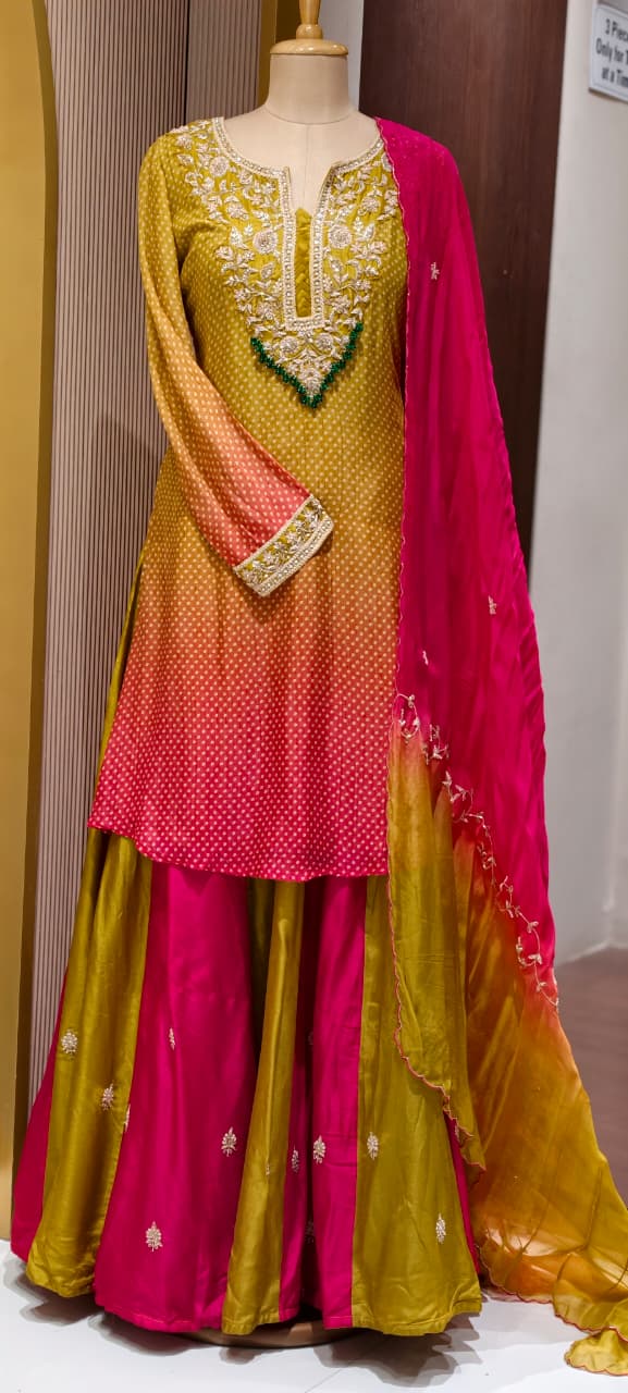 Dual Tone Ombre Shade Rich Hand Embroidered Yoke With Beads Accent Kurta With Cane-Cane Skirt Bottom & Dupatta- 15333