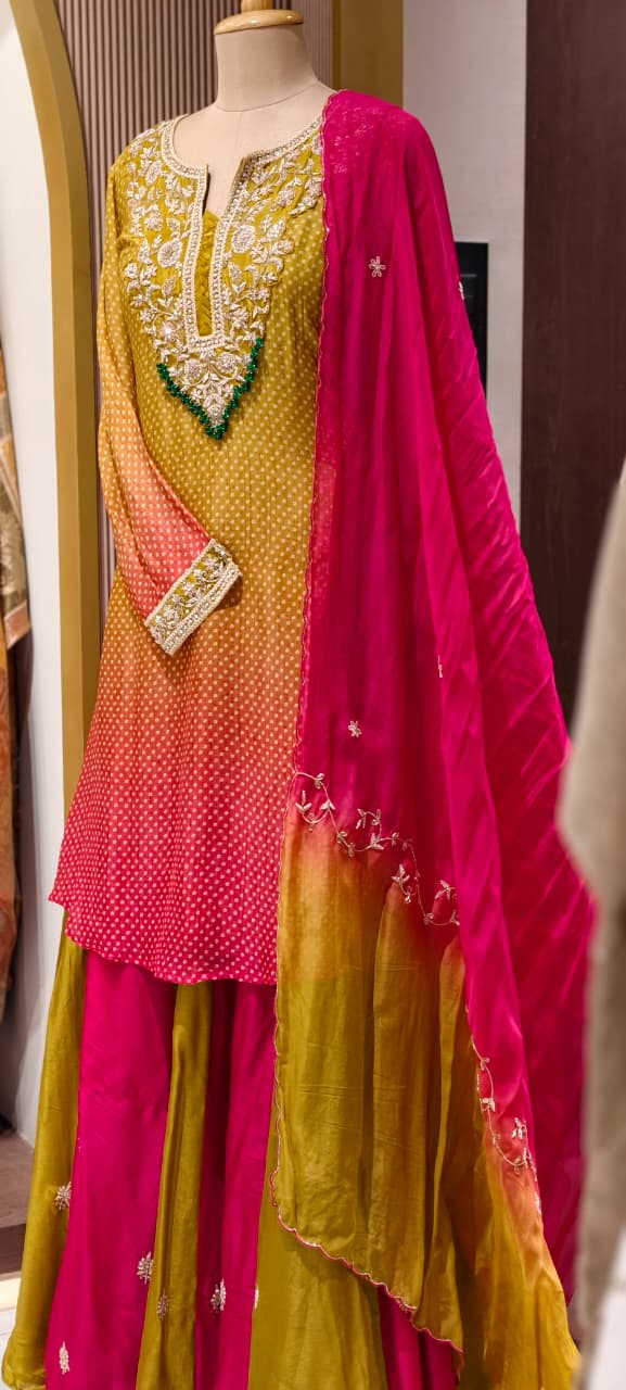 Dual Tone Ombre Shade Rich Hand Embroidered Yoke With Beads Accent Kurta With Cane-Cane Skirt Bottom & Dupatta- 15333