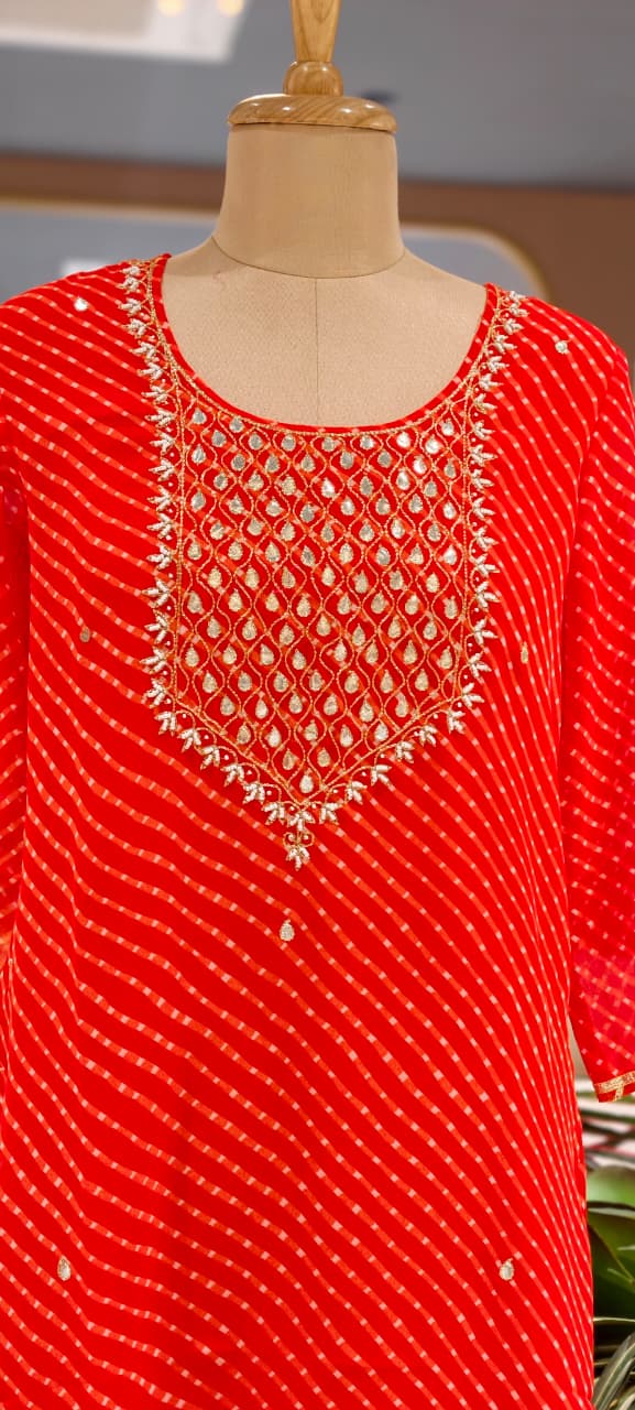 Orange Leheriya Print Kurti with Heavy Hand Embroidered Mirror Work Yoke –15490