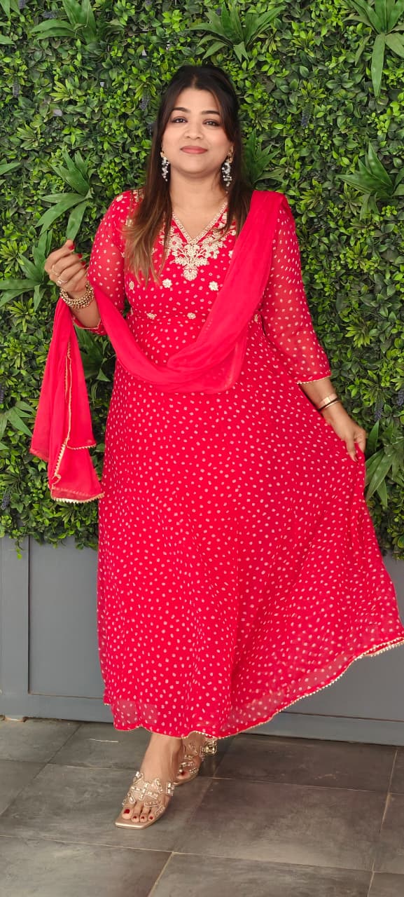 Georgette Bandhani Print Anarkali Kurta Set with Heavy Embroidered V-Neck Matching Dupatta & Bottom-15487