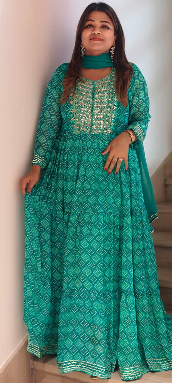 Georgette Bandhani Diamond Print Anarkali Set with Heavy Embroidered Yoke & Matching Dupatta(No Bottom)-15489
