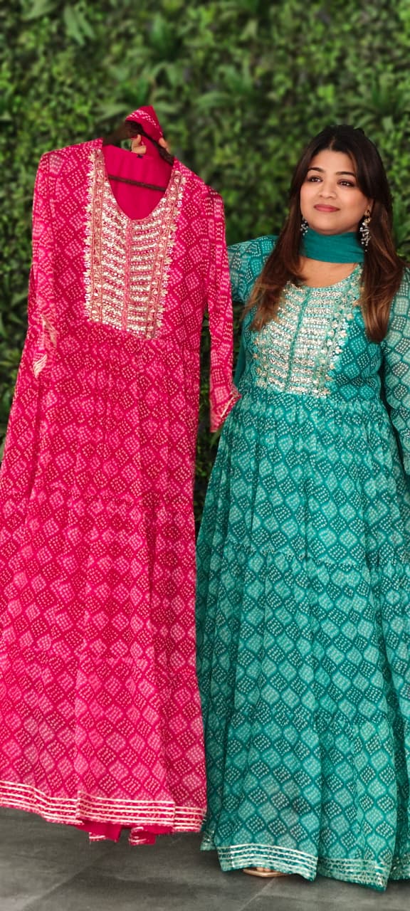Georgette Bandhani Diamond Print Anarkali Set with Heavy Embroidered Yoke & Matching Dupatta(No Bottom)-15489
