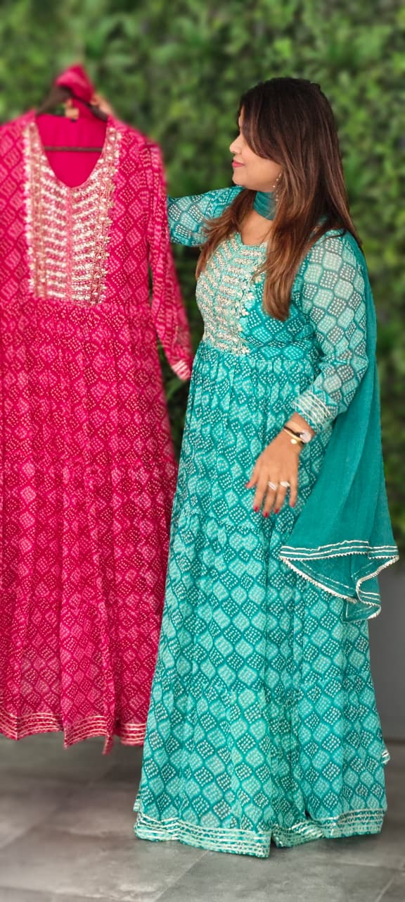 Georgette Bandhani Diamond Print Anarkali Set with Heavy Embroidered Yoke & Matching Dupatta(No Bottom)-15489