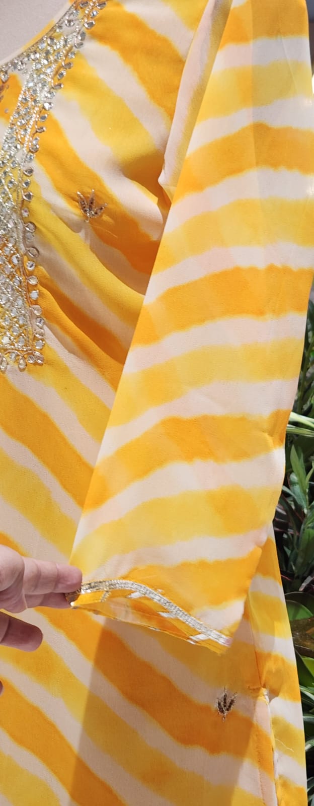 Yellow Leheriya Print Kurti with Heavy Hand Embroidered Yoke –15490
