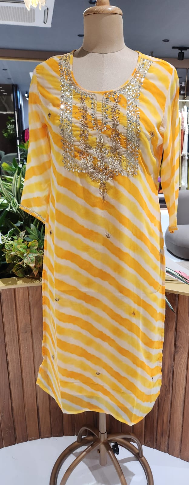 Yellow Leheriya Print Kurti with Heavy Hand Embroidered Yoke –15490