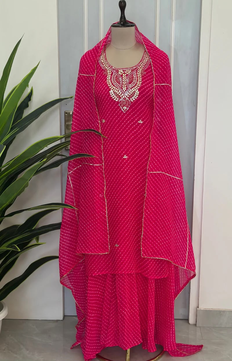 Elegant Traditional Gotta Embroidered Leheriya Pattern Semi Georgette Full Suit Set With Dupatta- 15118