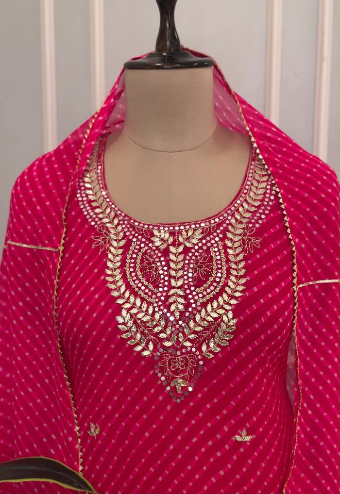 Elegant Traditional Gotta Embroidered Leheriya Pattern Semi Georgette Full Suit Set With Dupatta- 15118