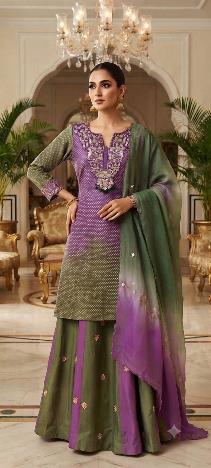Dual Tone Ombre Shade Rich Hand Embroidered Yoke With Beads Accent Kurta With Cane-Cane Skirt Bottom & Dupatta- 15333