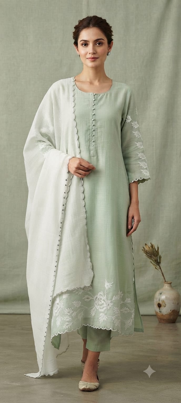 Suttle Floral Embroidered Pure Banarasi Mul-Chanderi A-Line Full Suit Set With Dual Color Dupatta- 15000