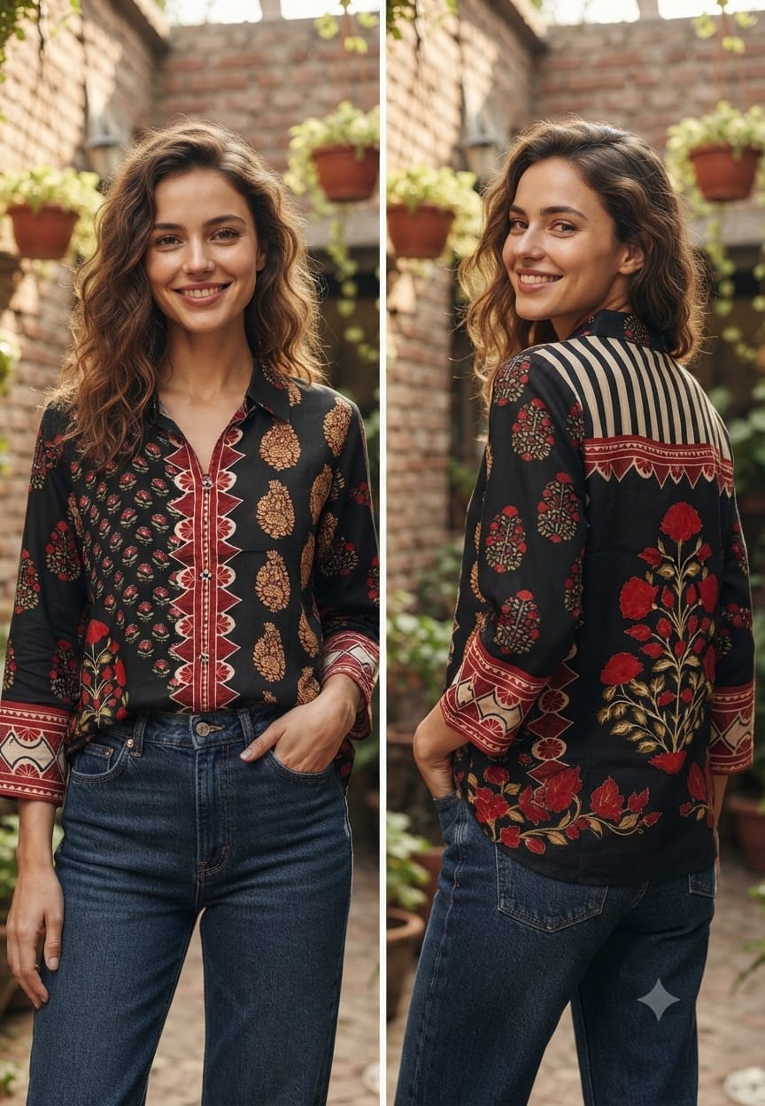 Artisnal Bird With Floral Print Casual Crepe Shirt- 15434