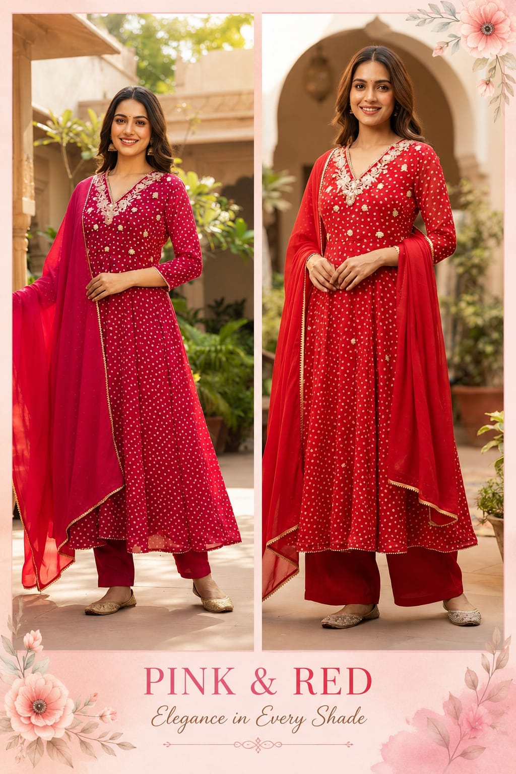 Georgette Bandhani Print Anarkali Kurta Set with Heavy Embroidered V-Neck Matching Dupatta & Bottom-15487