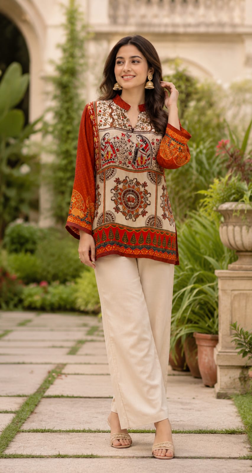 Multicolor Bohemian Bird & Figures Print Casual Crepe Shirt- 15434