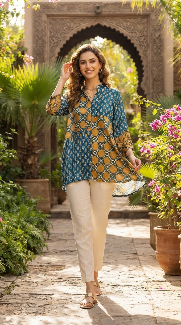 Geometric Block Print Dual Toned Casual Crepe Shirt- 15434