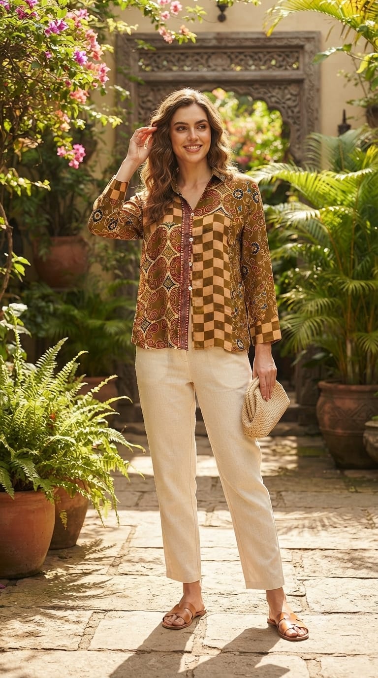 Checkerboard Rounded Print Dual Tone Crepe Shirt- 15434