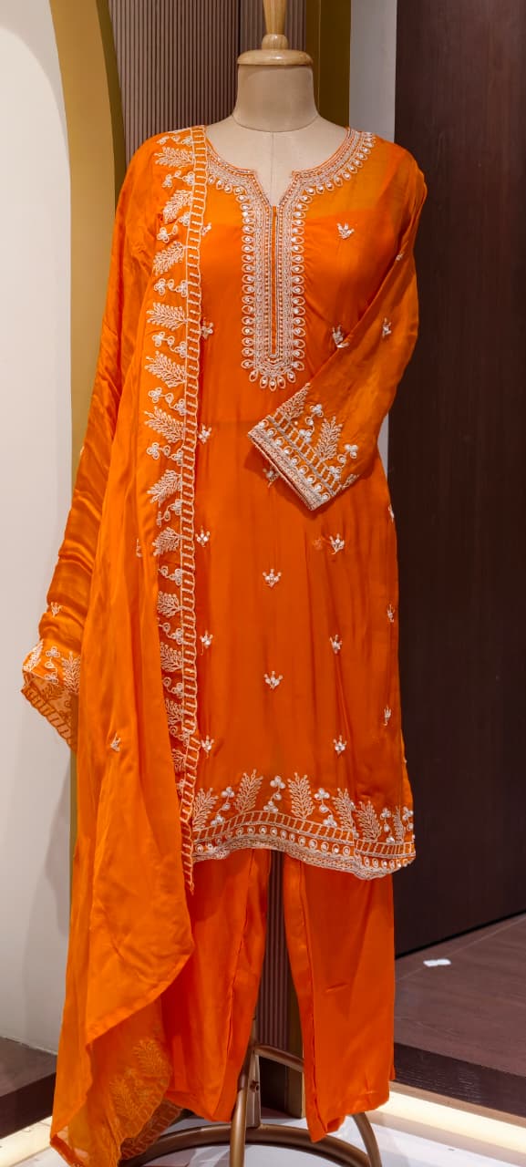 Fine Thread Embroidery With Sequin Upwork Single Shade Full Suit Set With Dupatta- 15553
