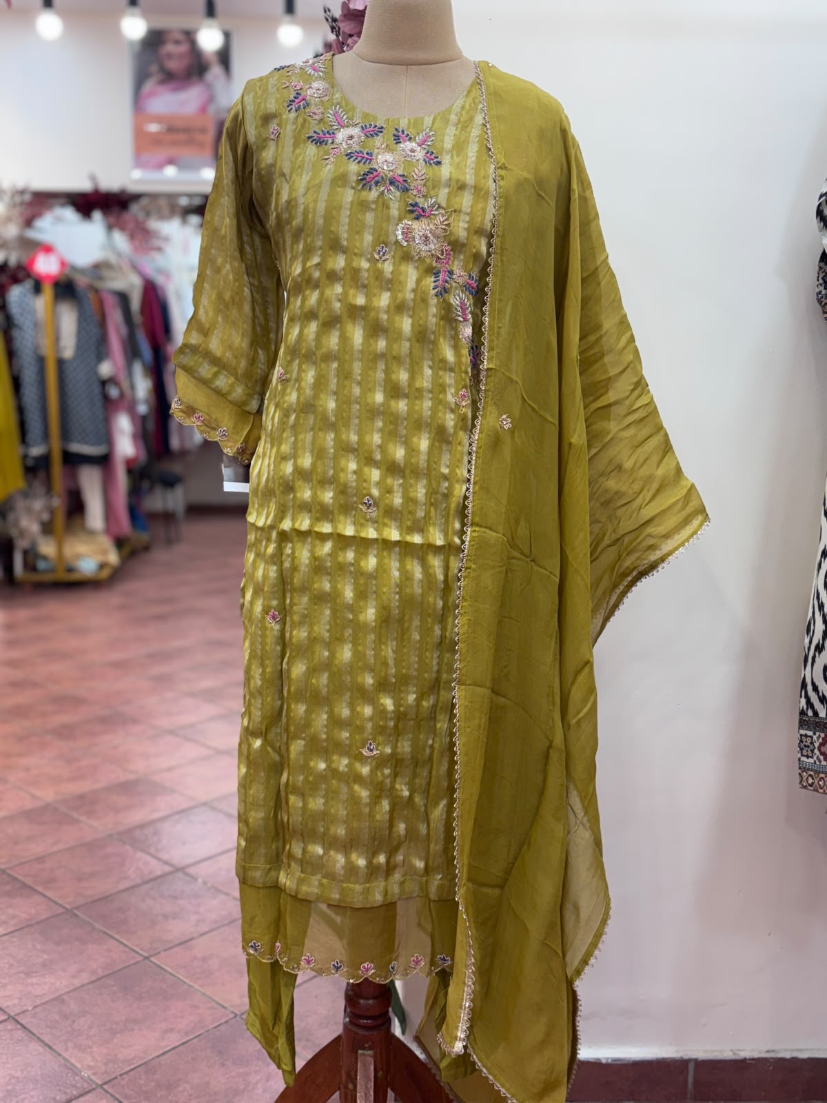 Floral Elegance Embroidered Golden Striped Tissue Full Suit Set With Dupatta