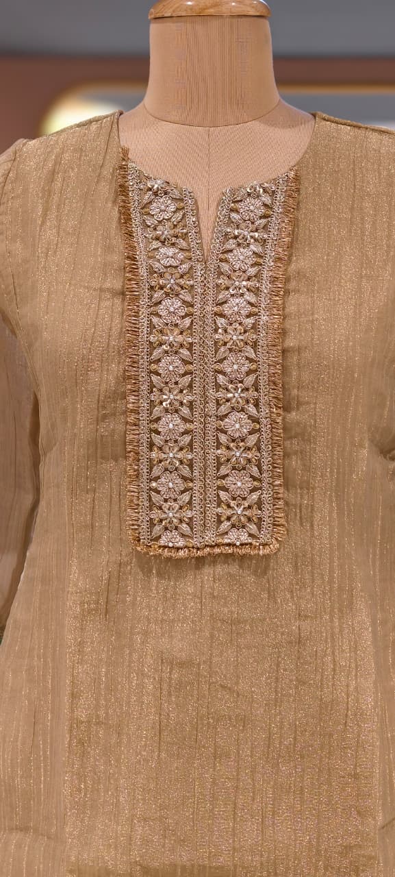 Premium Zardosi Hand Embroidered Boxed Neckline Crush Tissue Co-Ord Set- 15604