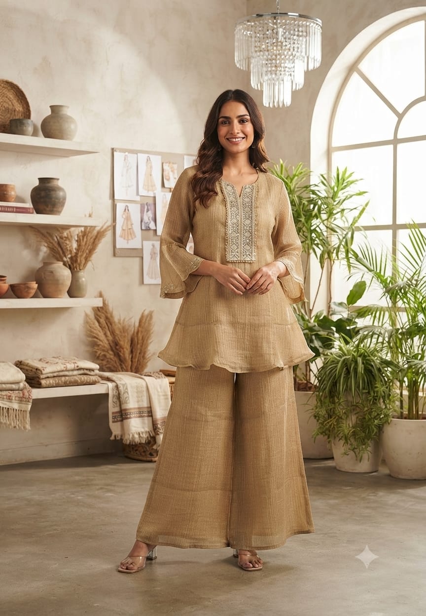 Premium Zardosi Hand Embroidered Boxed Neckline Crush Tissue Co-Ord Set- 15604