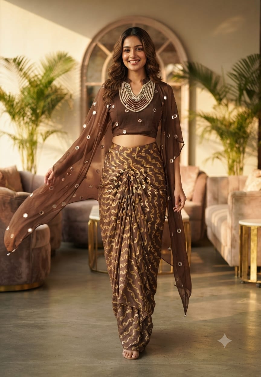 Designer Neckpiece Look Real Mirror Detailing Shrug Style Crop Top With Weavy Golden Prints Drape Dhoti Skirt -15584, 15583