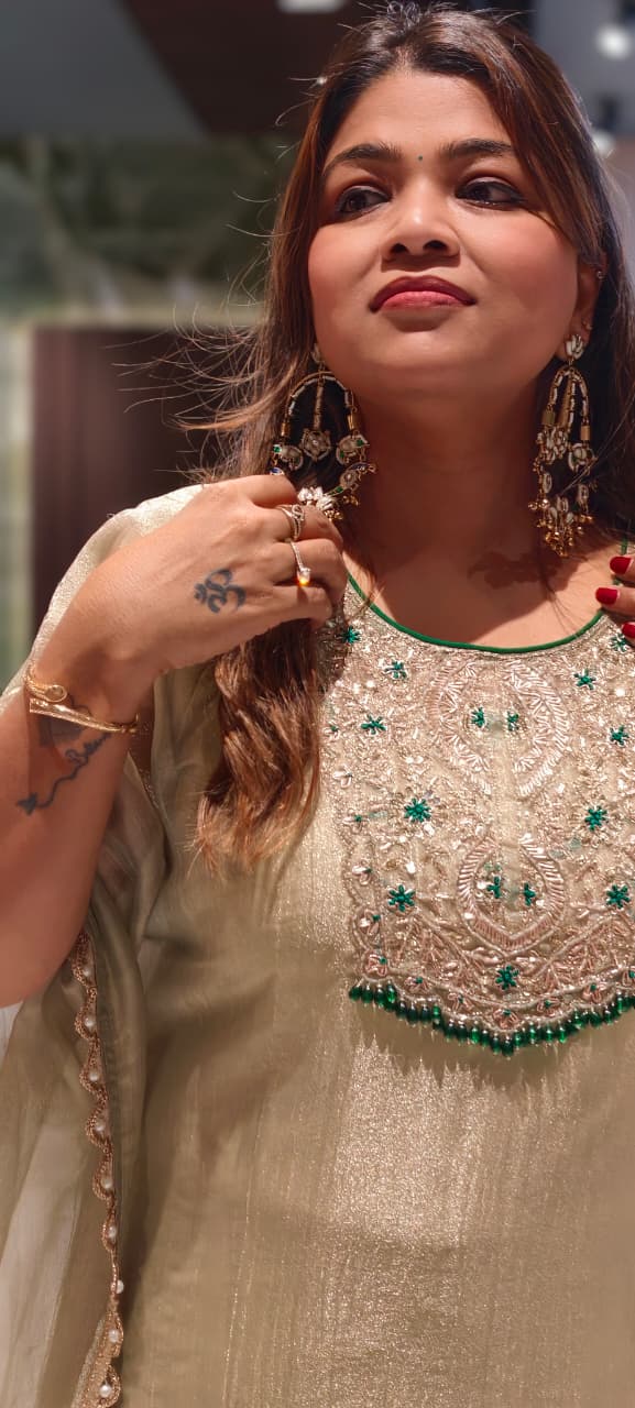 Royal Zardosi Work Beads Tassel Yoke With Pearl Bordered Tissue Kaftan & Loose Palazzo Bottom- 15559