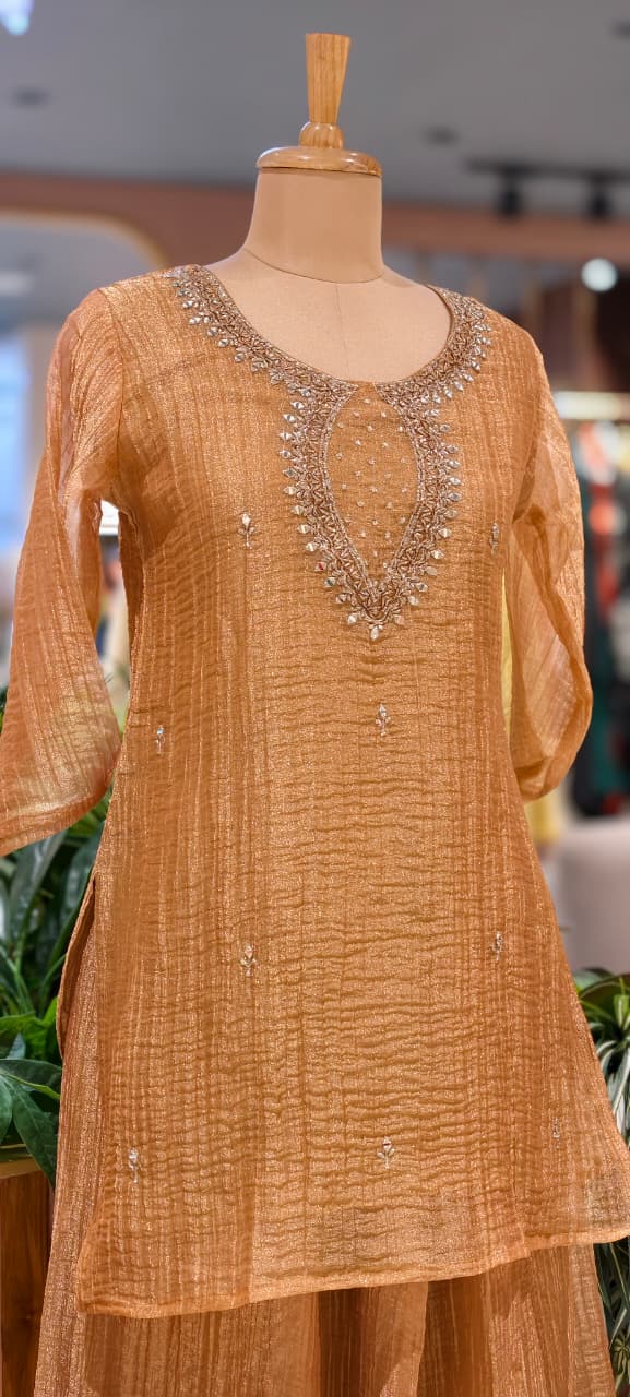 Elegant Mirror Detailing Embroidered Yoke Crush Tissue Co-oRd Set With Flared Bottom- 15567
