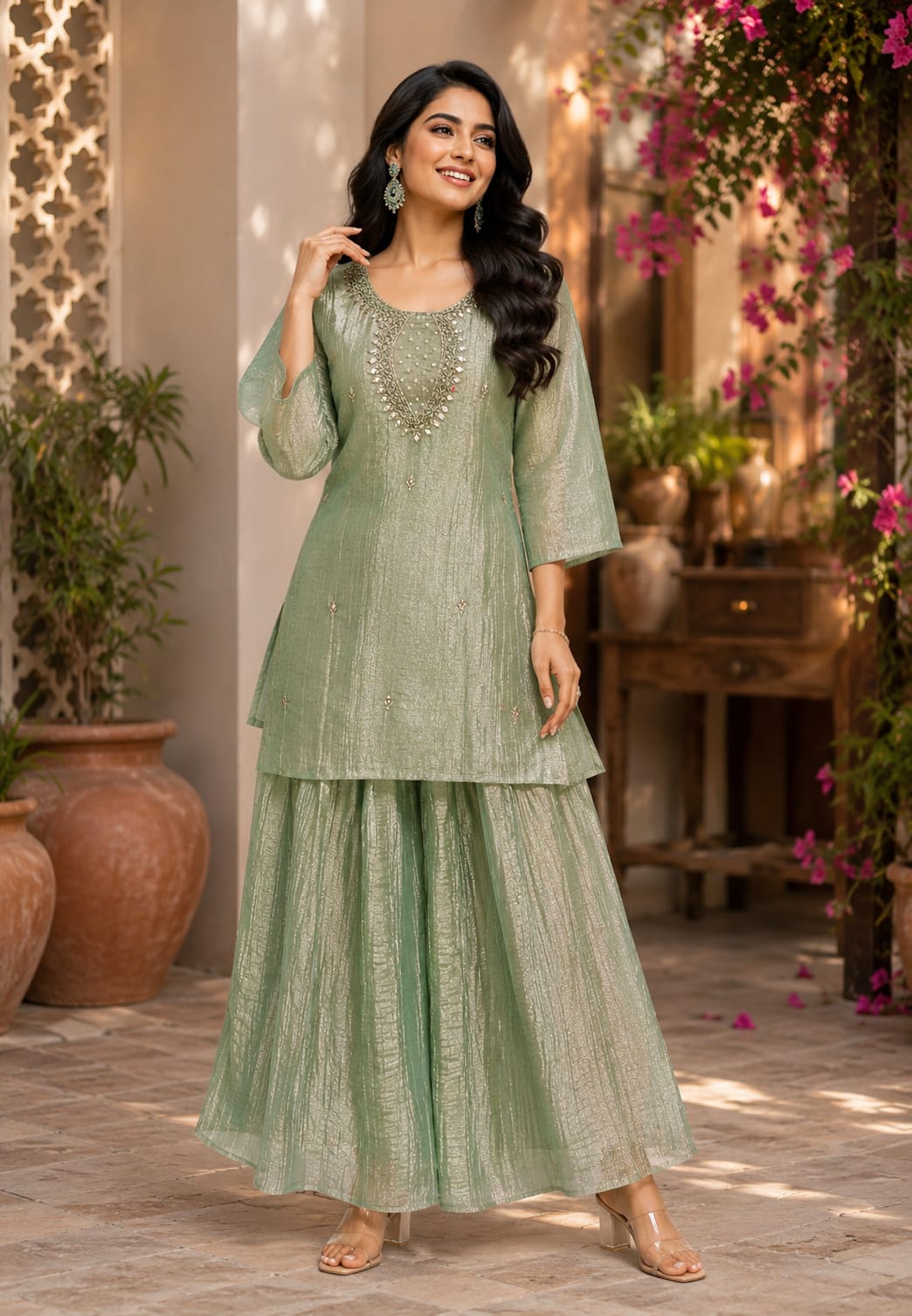 Elegant Mirror Detailing Embroidered Yoke Crush Tissue Co-oRd Set With Flared Bottom- 15567