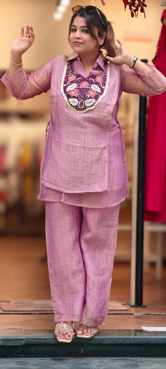 Beautiful Floral Higlights Yoke Double Layered Crush Tissue Co-Ord Set- 15514