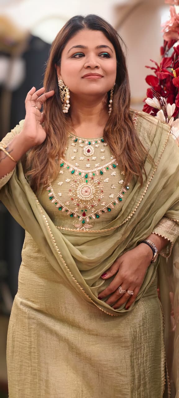 Heavy Jewel Stone Detailing Yoke Crush Tissue Full Suit Set With Dupatta- 15286