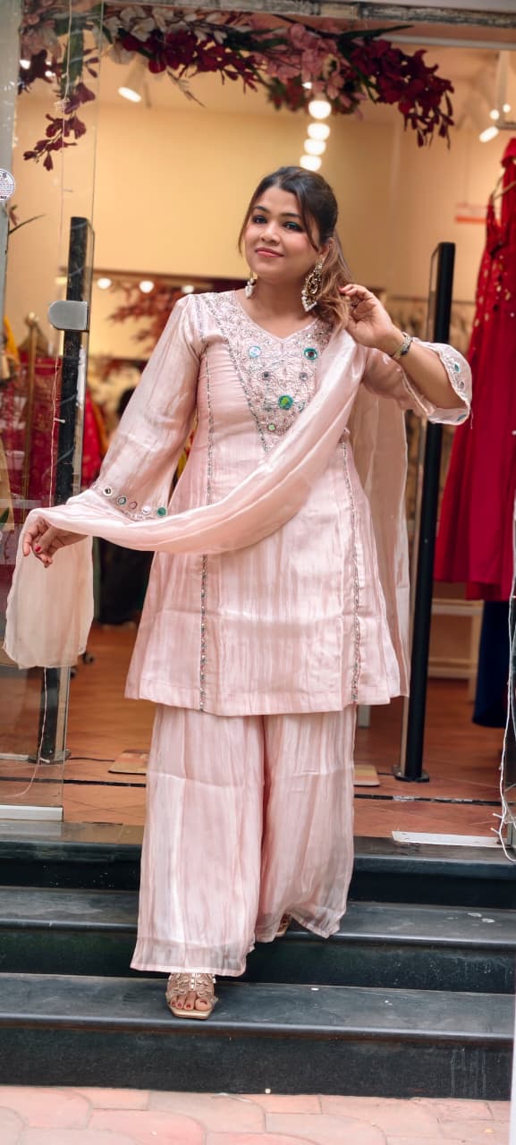 Blush Pink Elegant Sheer Highlighted Yoke Crush Tissue Full Suit Set With Dupatta (LEAN FIT)- 15519
