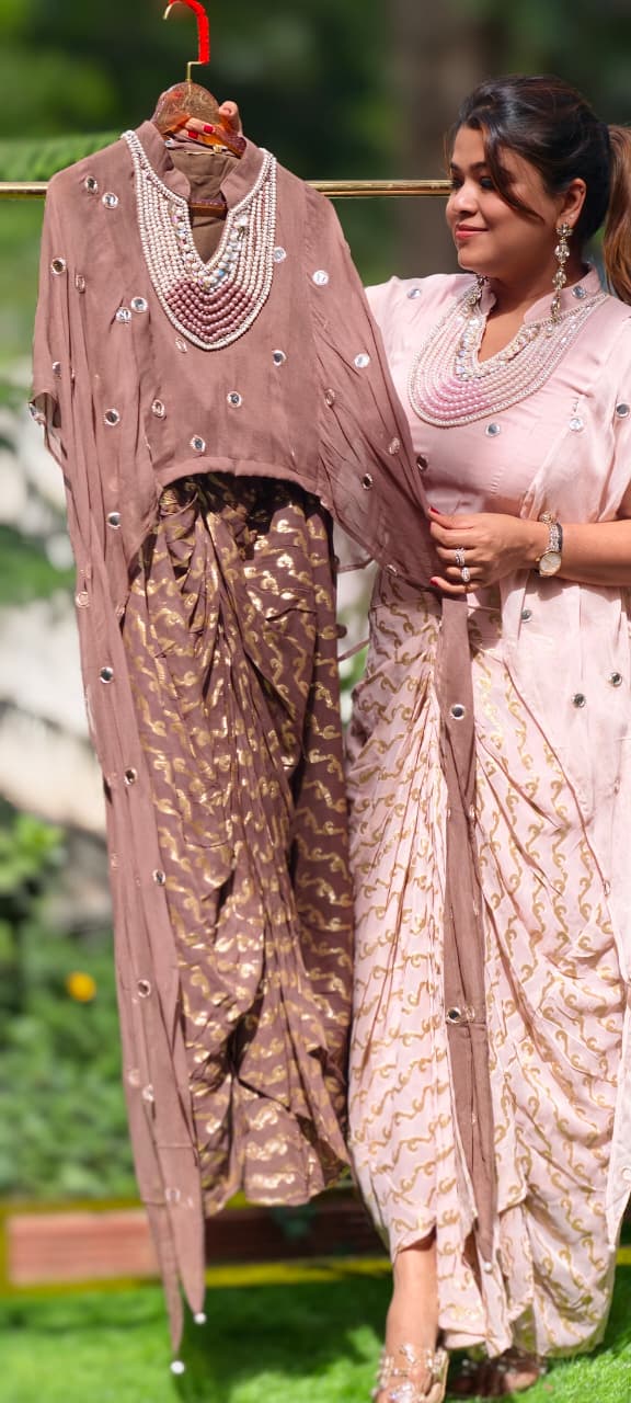 Designer Neckpiece Look Real Mirror Detailing Shrug Style Crop Top With Weavy Golden Prints Drape Dhoti Skirt -15584, 15583